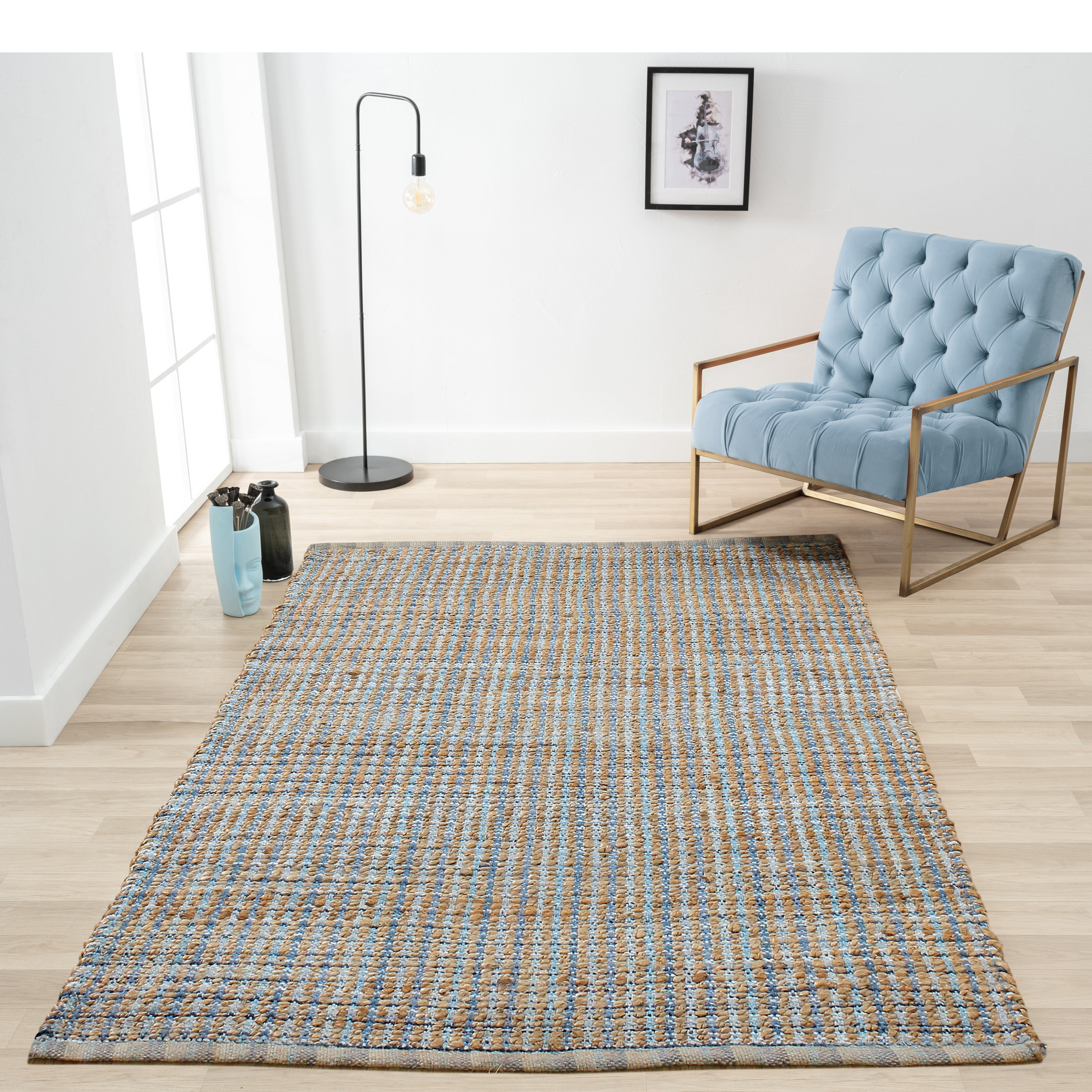 LR Home Natalie Cere Tan/Blue Grid Coastal Jute Blend Area Rug, 5' x 7'9"