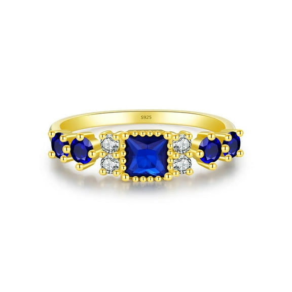 Elegant Princess and Round Cut Lab-Created Blue Sapphire and Moissanite Ring in 925 Sterling Silver for Women – Stunning Engagement or Anniversary Jewelry Gift