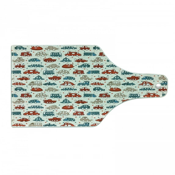 Cars Cutting Board, Cheerful Boy Play Things in Doodle Style with Many Different Vehicles, Decorative Tempered Glass Cutting and Serving Board, Wine Bottle Shape, Scarlet Teal Tan, by Ambesonne