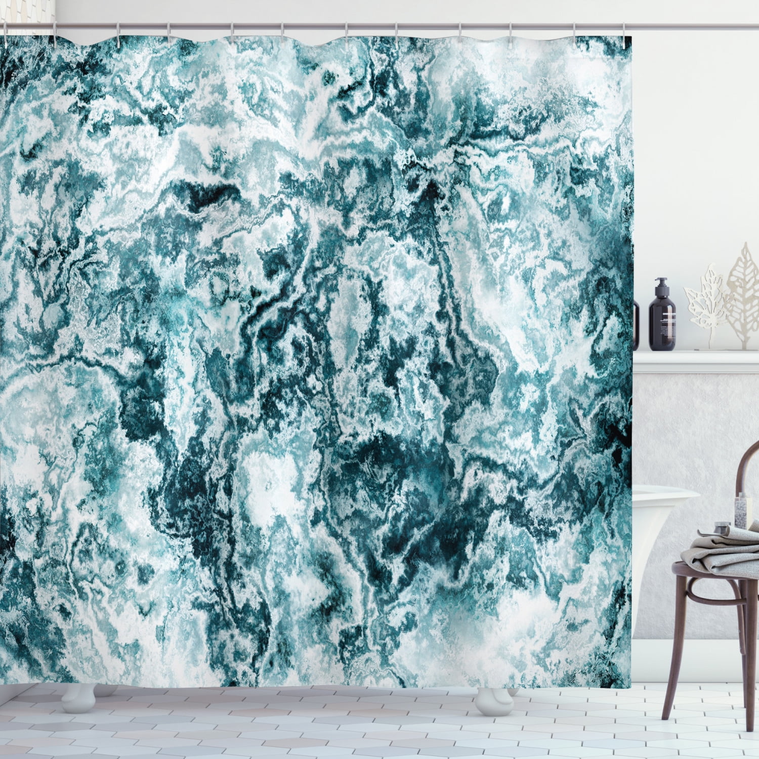 Ambesonne Marble Print Shower Curtain, Rocky Surface Pattern, 69"Wx70"L, Jade Green Teal White