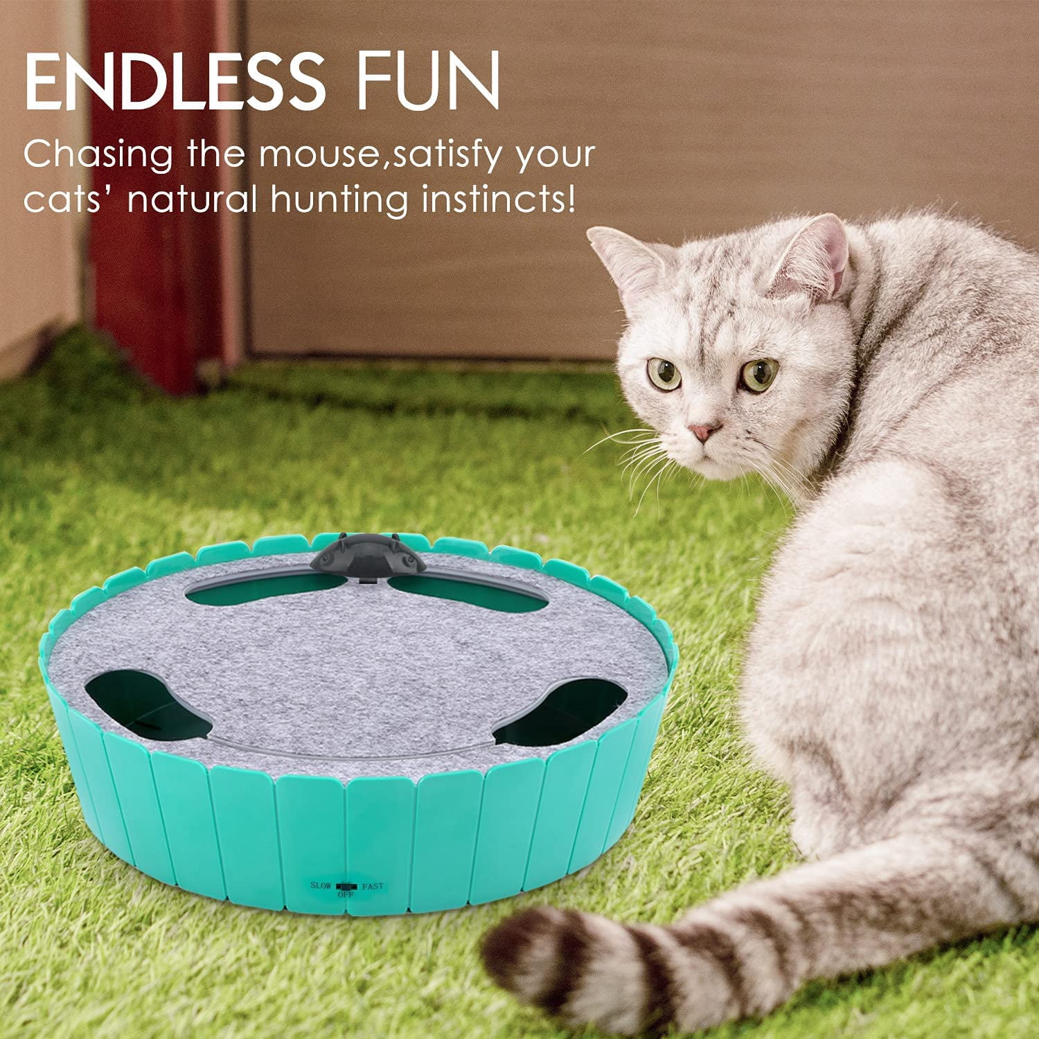 Pawaboo Interactive Cat Toy with Running Mouse, Electronic Motion Cat Toy Automatic Teaser for Indoor Cats, Pop and Play Hide Seek Cat Toy Hunting Mouse for Pet Cat Kitten Play, Lake Blue