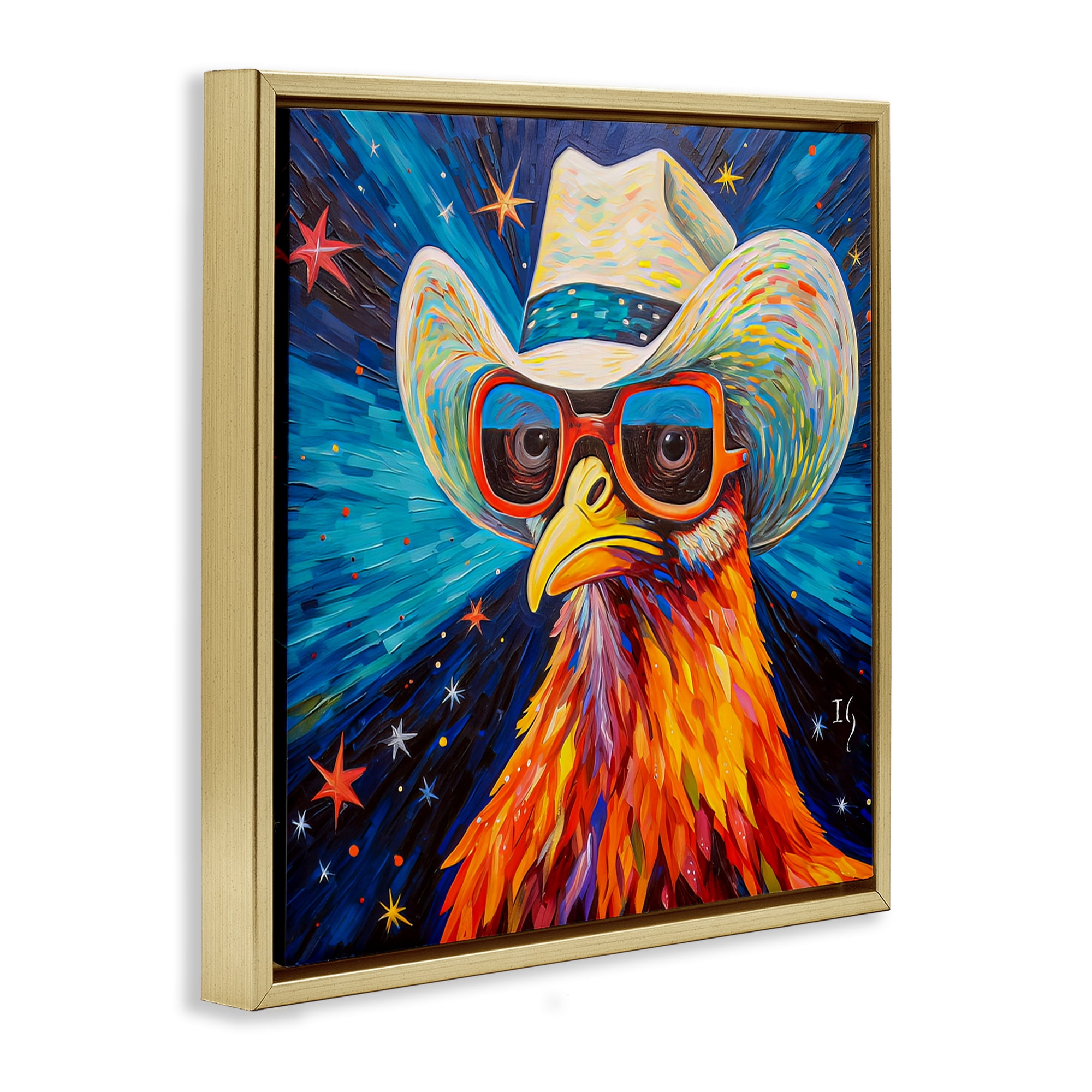 Stupell Industries Cowboy Chicken with Stars Animals & Insects Painting Gold Floater Framed Canvas Art Print Wall Art, 18 x 18