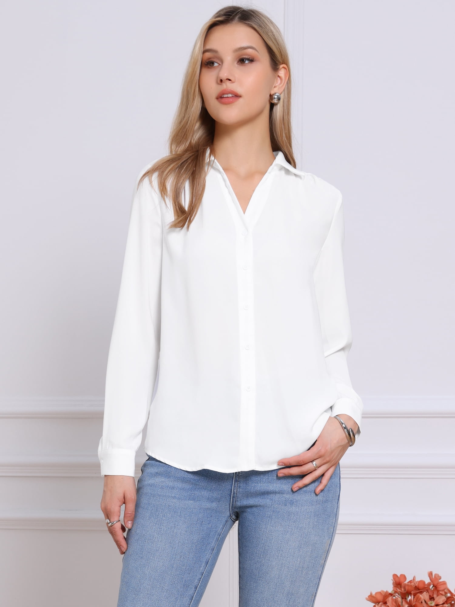 DARING DIVA Women's Button Down Long Sleeve V Neck Trendy Blouse S White