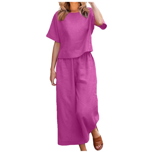 Cinvoph Ensemble Deux Pièces en Coton et Lin pour Femmes Col Rond Manches Courtes Haut Pantalon Grand Tenue de Maison Ensemble de Vacances d'Été