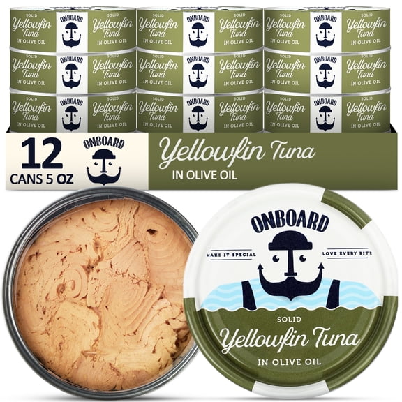 ONBOARD Yellowfin Tuna in Olive Oil - 12 Pack Solid Light 5 Oz Cans Sustainably Wild Caught Canned Tuna, Non GMO, Gluten Free, Tinned Fish 24g Protein - Ingredient Rich Fish for Salad