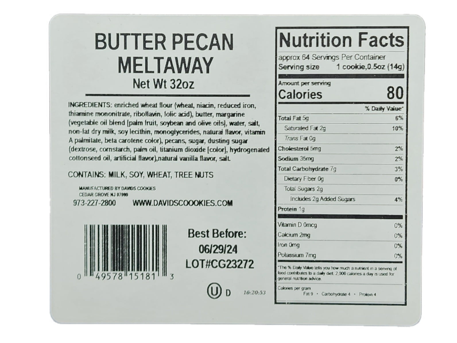David's Cookies Butter Pecan Meltaways - 32 oz