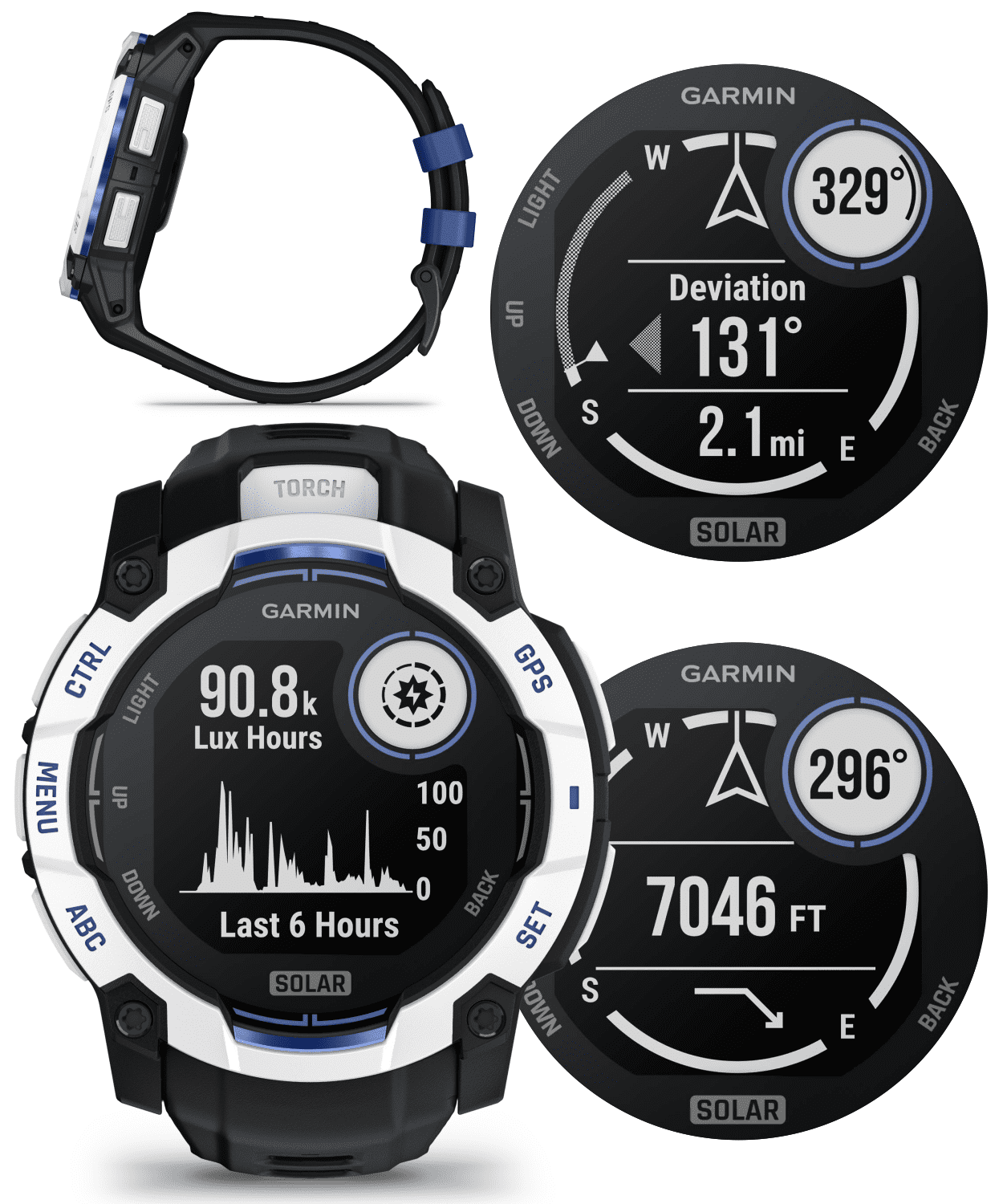 Garmin Instinct 3 Rugged Outdoor GPS Smartwatch 50mm Solar, Supernova Collection, Health & Fitness Tracking, Unlimited Battery, Whitestone/Bolt Blue w/ Wearable4U PowerBank Bundle