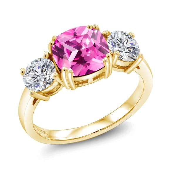 Gem Stone King 18K Yellow Gold Plated Silver Pink Created Sapphire and Lab Grown Diamond Engagement Ring for Women | 3.75 Cttw | Cushion 8MM | Gemstone September Birthstone | Size 6