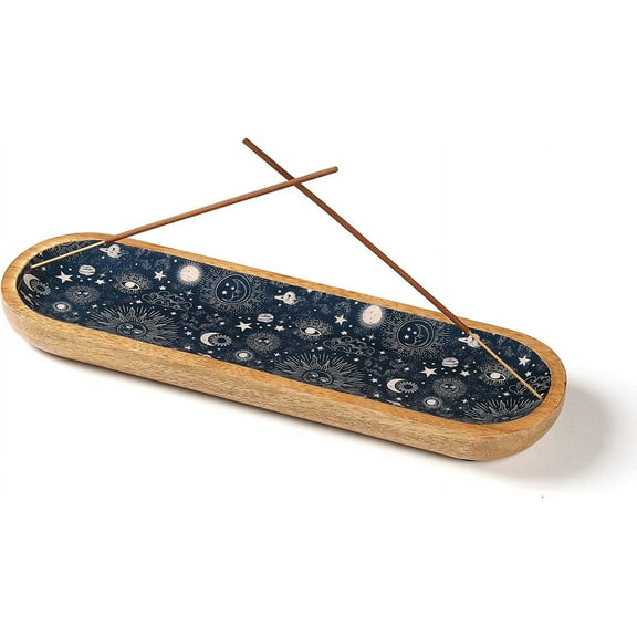 Folkulture Incense Holders for Sticks or Incense Burner, 12 inch, Mango Wood, Cosmic Dark Blue