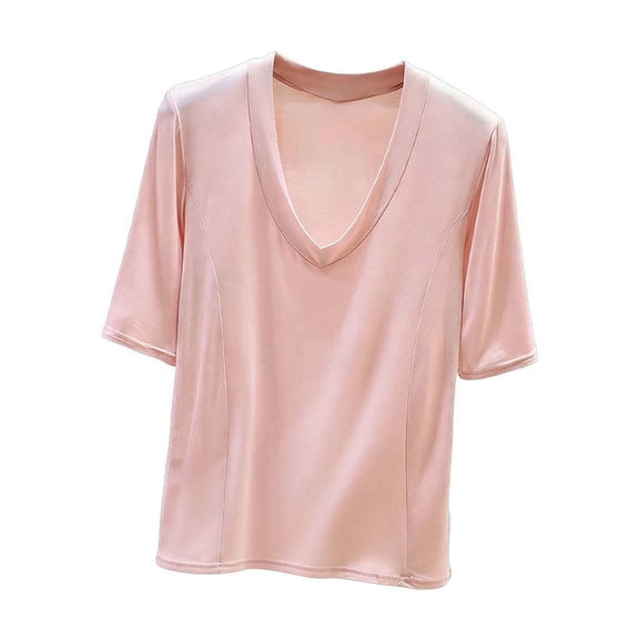 Htigea Women's Deep V Neck Short Sleeve Tops Solid Color Casual Loose Fit Summer T-Shirts Soft Comfortable Everyday Tees Pink M