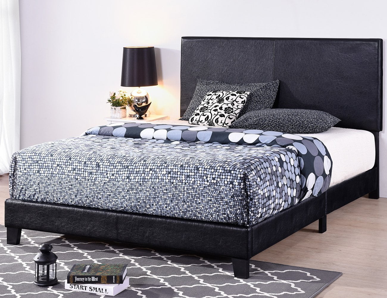 Euroco Black Faux Leather Upholstered Platform Bed with Wooden Slats