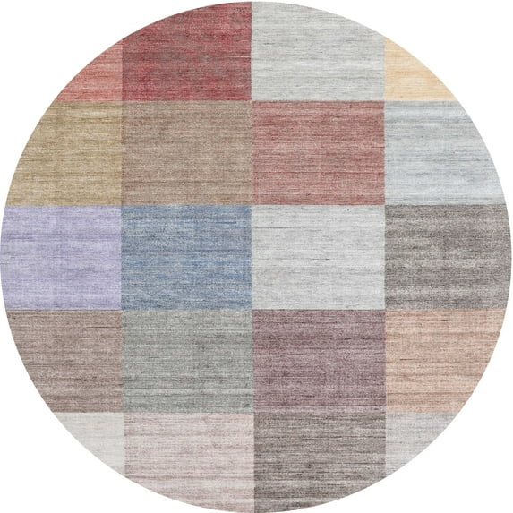 Ahgly Company Indoor Round Contemporary Pale Silver Gray Checkered Area Rugs, 8' Round