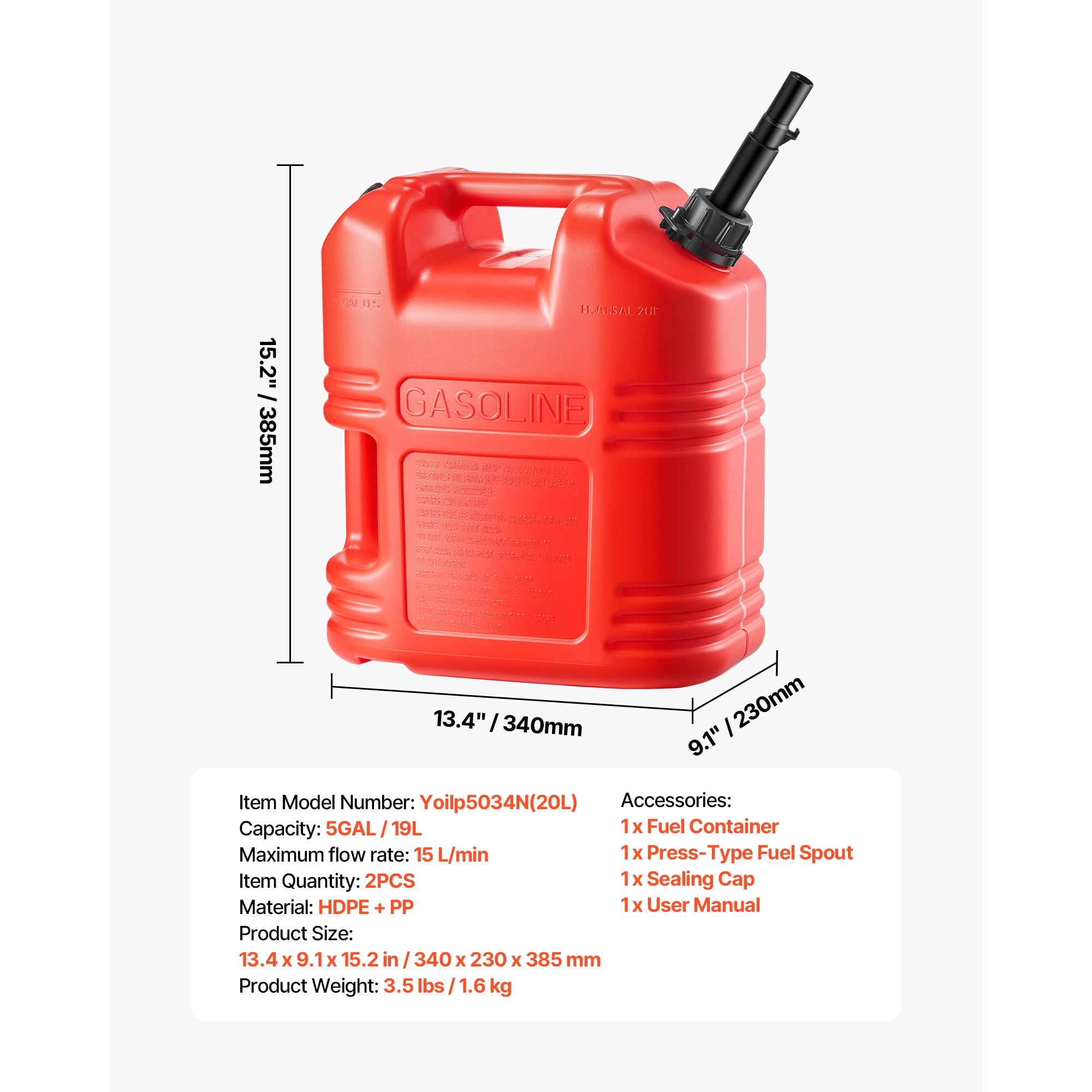 KFFKFF 5-Gallon Fuel Container, Gas Tank with Spout & Clear Scale, 15 L/min Flow Rate, Secure & Leak-Resistant, Portable Flat Fluid Storage for Cars, Motorcycles, ATVs, UTVs, Red, Set of 2