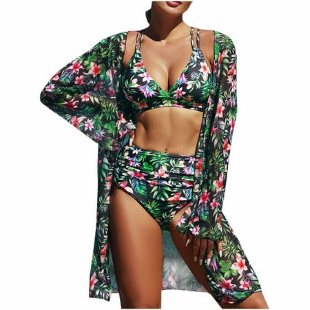 Army Lime Green Kimono Cover Up Sets for Women Flower Sexy Hawaiian Seamless Triangle Two Piece with Slit Tops Swimsuits Micro Bikini Tankini Kimono Cover Up Shorts Sets Ladies L