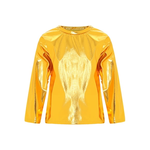 Jizyo Children Long Sleeve T-Shirt Shiny Metallic Dance Performance Tee Holographic Party Tops Dancewear Costume Metallic,gold 180
