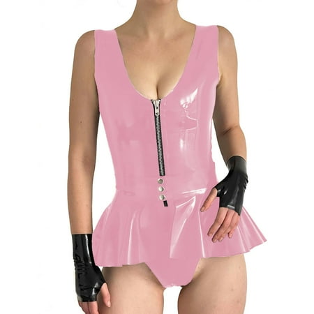 Women Sexy Patent Leather Bodysuit Party Sleeveless PVC Rompers with Skirted Belt V-neck Zipper Playsuit