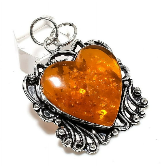 Natural Baltic Amber Gemstone Handmade 925 Sterling Silver Pendant 2.17"