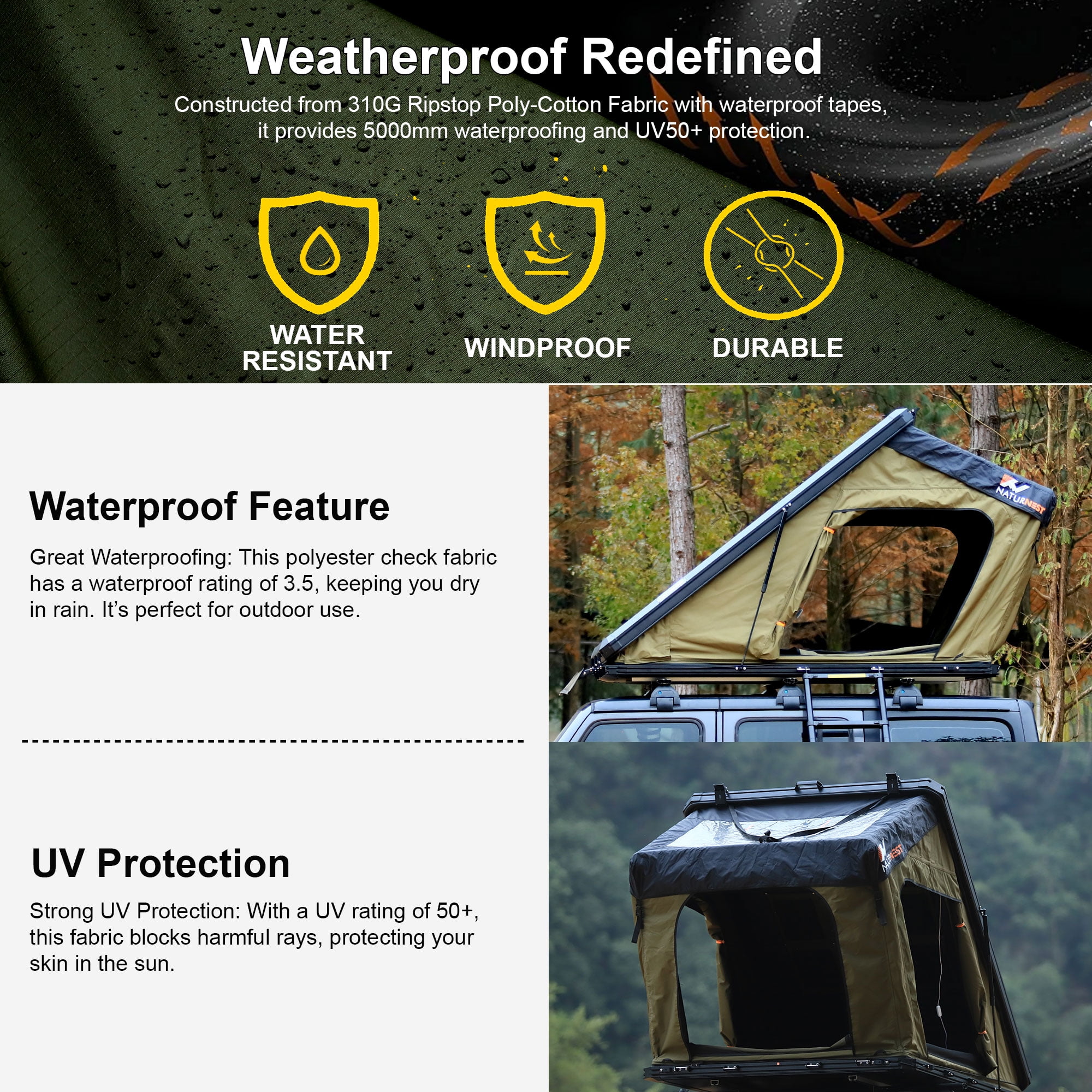 Naturnest Rooftop Tent Hardshell, Polaris 2 Aluminium Roof Top Tent with Skyview Window & LED Stripe Light for Suv Jeep Truck Camping