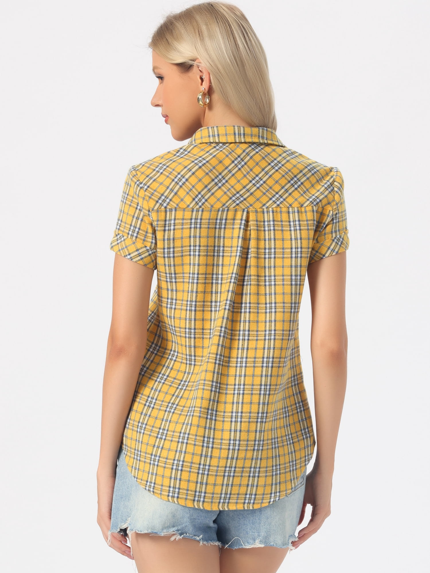 DARING DIVA Women's Plaid Shirts Cotton Short Sleeve Button Down Shirt S Cream