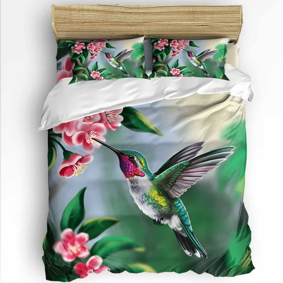 Bird Floral King Size Comforter Set, Hummingbird Spring Decorative Green Background Soft Bedding for All Seasons, 4 Pcs Bed Set with 1Comforter (90"x106") ,1 Sheet(94"x116"), 2 Pillowcases (19"x35")