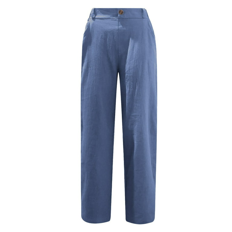 RYRJJ Women's Linen High Waist Pants Drawstring Cargo Capris Pants with 4  Pockets Casual Wide Leg Workour Yoga Cropped Pants(Navy,XXL)