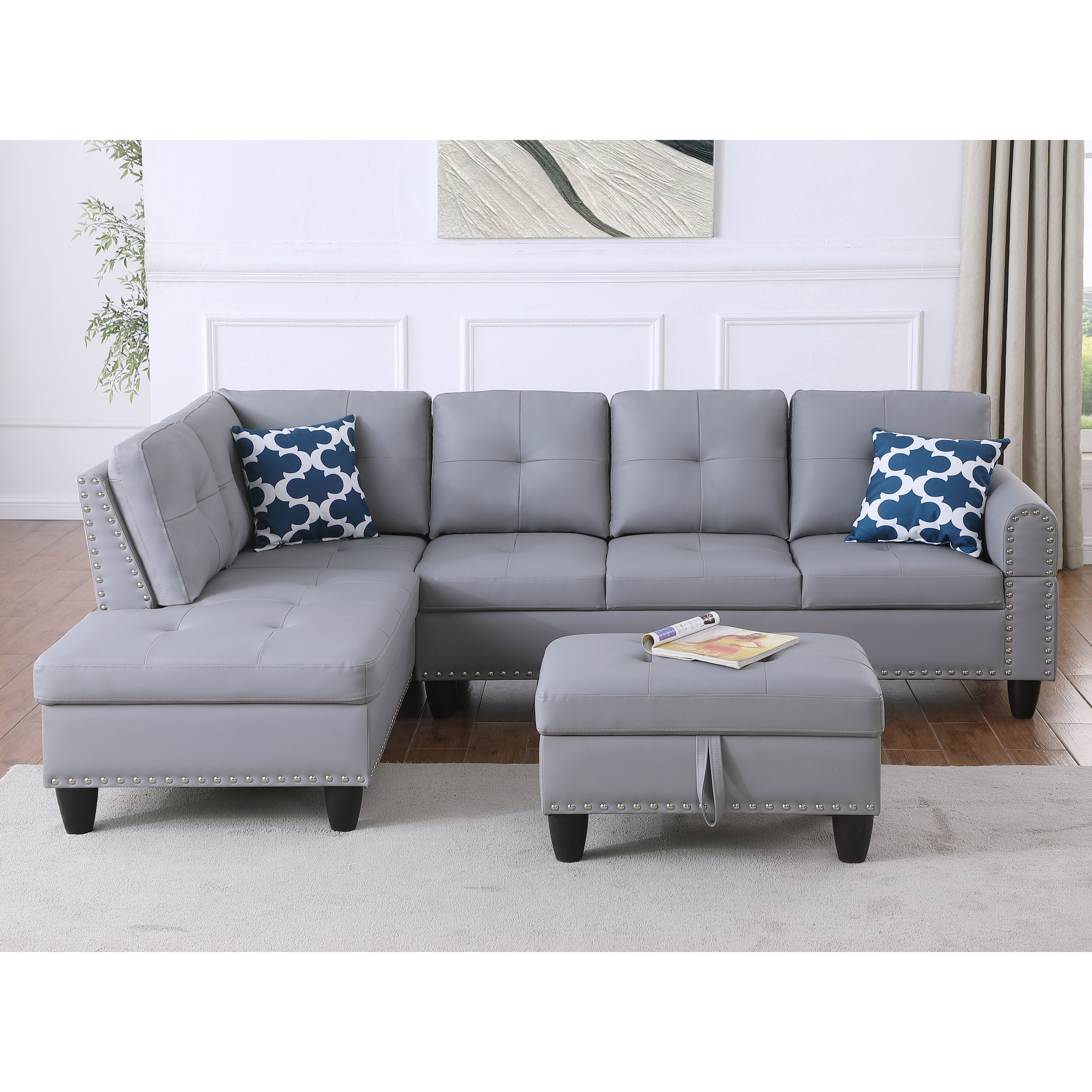 Gewnee L-Shaped Sectional Sofa with Nailhead Trim, Fold-Down Cup Holder, Storage Ottoman & 2 Toss Pillows for Living Room, Gray