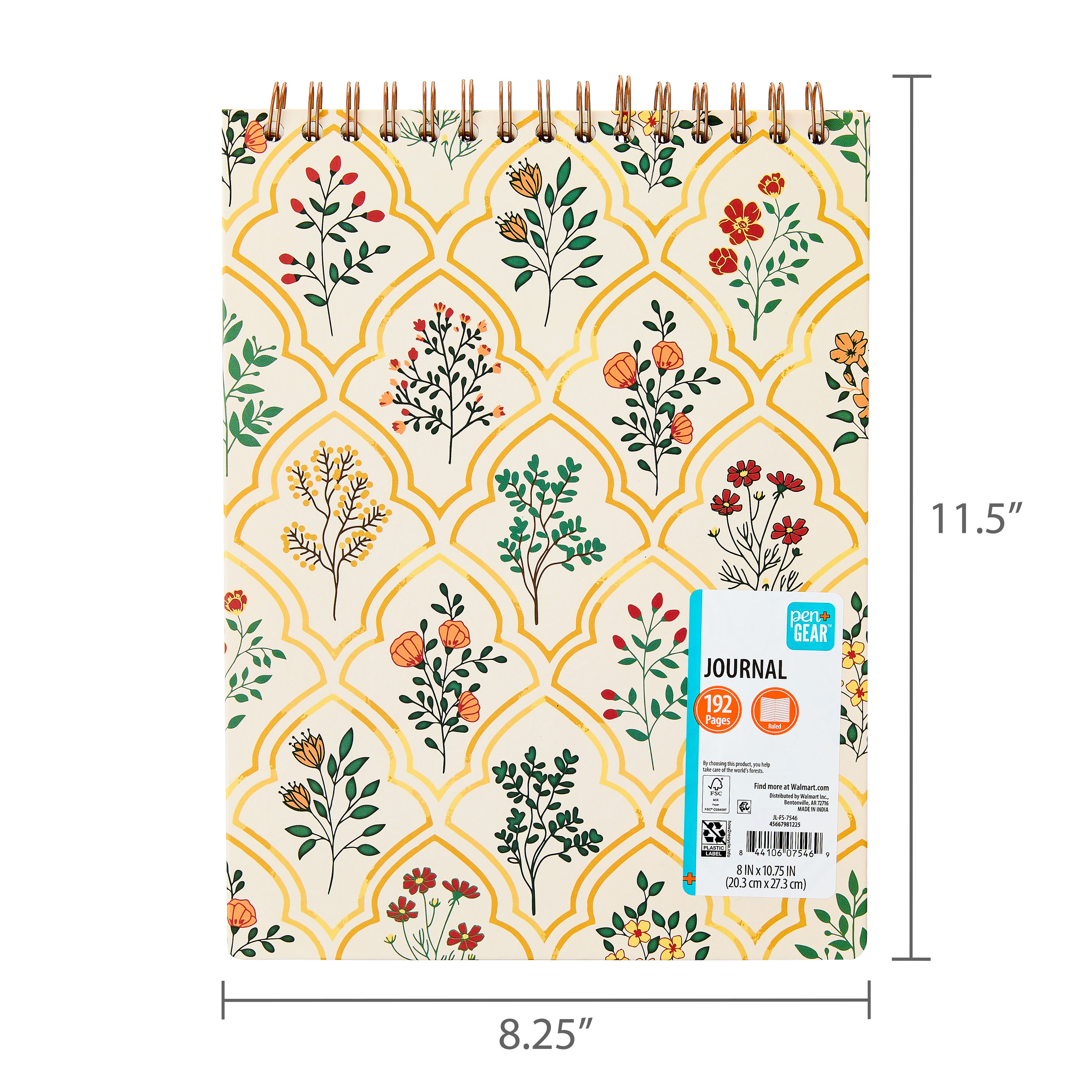 Pen+Gear Hardcover Double Wire Top Spiral Journal, Floral, 192 Ruled Pages, 8" x 10.75"