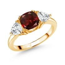 Gem Stone King 18K Yellow Gold Plated Silver Red Garnet and White Zirconia 3 Stone Engagement Ring for Women (3.39 Cttw, Gemstone January Birthstone, Available in Size 5, 6, 7, 8, 9)