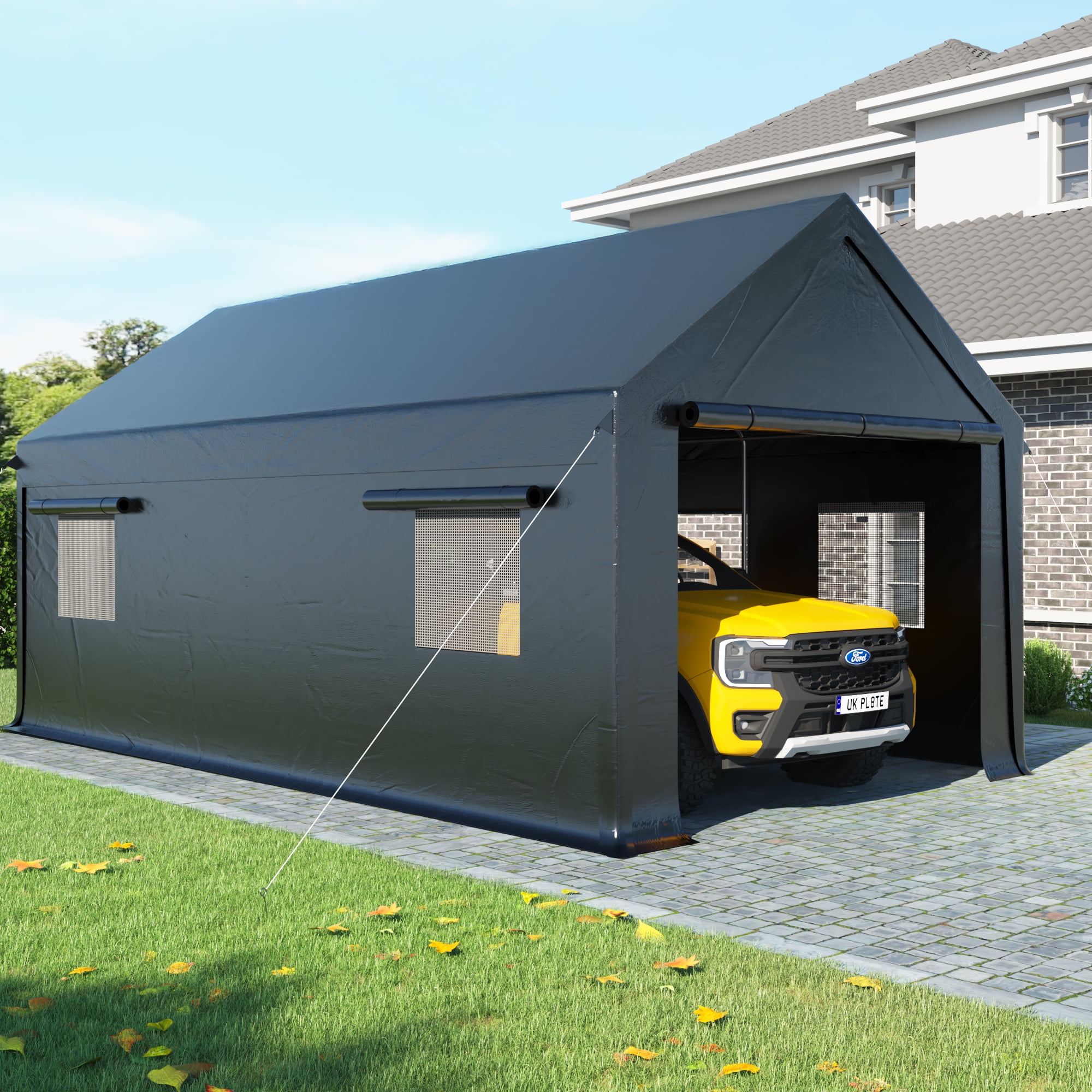 MUCHANT 12'x20' Heavy Duty Carport Canopy with Enhanced Four-Hole Base and Side-Opening Door, Portable Carports Garage for Pickup, Car, Boat