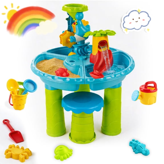 FVLOENG Sand and Water Table for Toddlers 1-3 with Stool, Kids Sensory Activity Table for Water, Sand & Snow Play, Outdoor Backyard Beach Toy, Blue