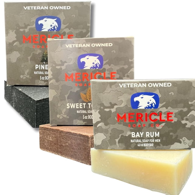 Mericle Soap Co. Jabón en barra natural, paquete variado de 3 barras, ron de bahía, tabaco dulce y alquitrán de pino | Favoritos de los fans | Hecho en los EE.UU. | Propiedad de veteranos | Ideal pa