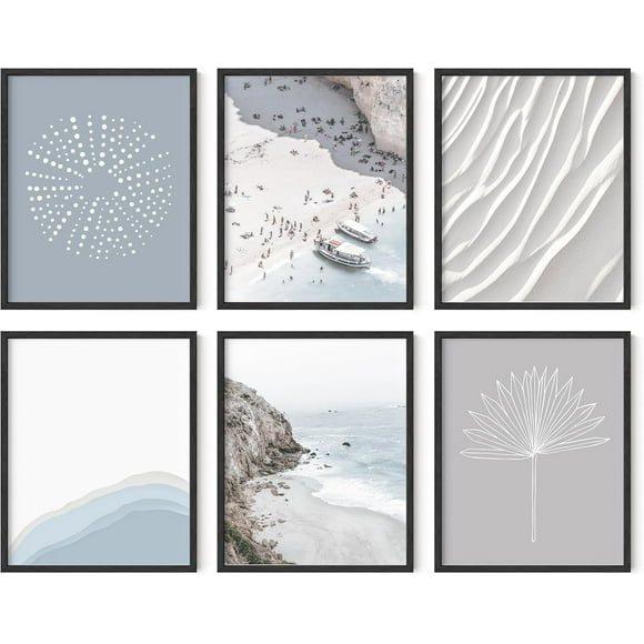 Beach Canvas Wall Pictures - Set of 6 Coastal Decor Posters, Artwork, Ocean Prints, Blue Wall Art (8x10, Unframed)