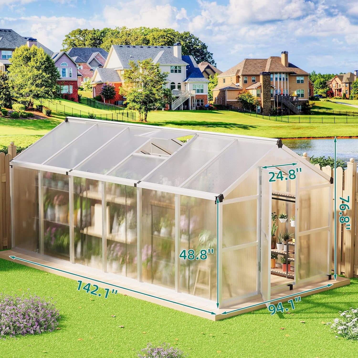 Homhougo 8x12 FT Greenhouse for Outdoors, Large Aluminum Greenhouses with Roof Vent, Polycarbonate Aluminum Greenhouse Heavy Duty, Walk-in Green Houses for Winter Garden, Backyard, Patio, Lawn