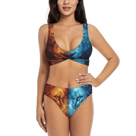 Zeuib Red And Blue Fire Lion High Waisted Tummy Control Bikini Set - Knot Front Push Up Top & Cheeky Thong Bottom  Two-Piece Swimsuit for Women-Medium