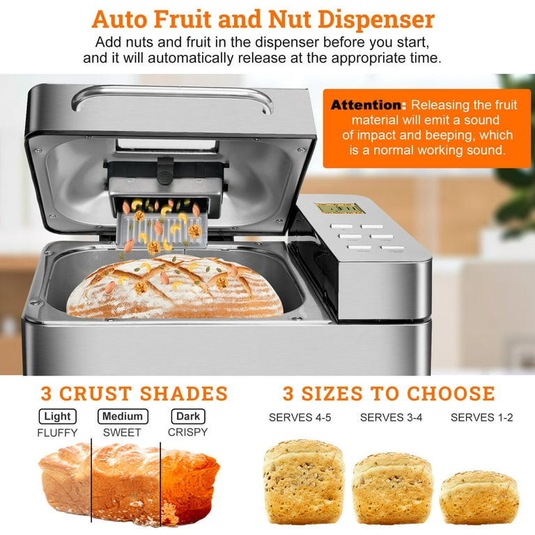  KBS 17-in-1 Bread Maker-Dual Heaters, 710W Machine Stainless  Steel with Gluten-Free, Dough Maker,Jam,Yogurt PROG, Auto Nut  Dispenser,Ceramic Pan& Touch Panel, 3 Loaf Sizes 3 Crust Colors,Recipes:  Home & Kitchen