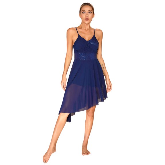 JanJean Womens Sequins Ballet Dance Dress Spaghetti Straps V-Neck High Low Hem Lyrical Dancewear Navy_Blue L