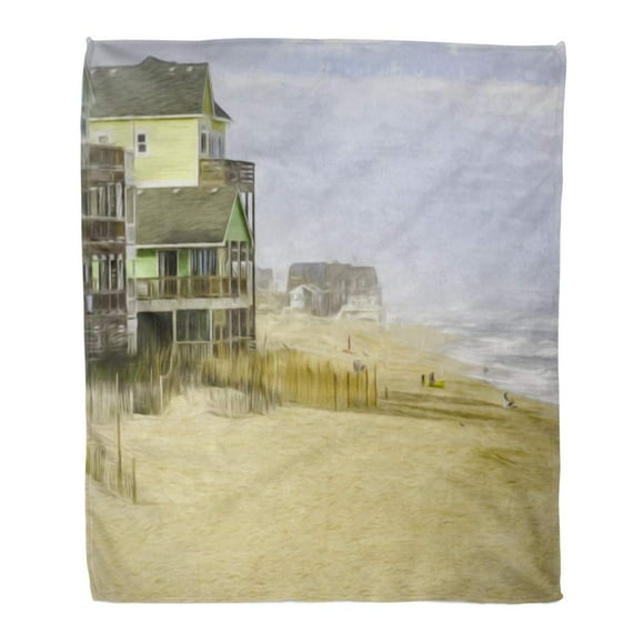 NUDECOR Throw Blanket Warm Cozy Print Flannel Oceanside Beach at Rodanthe on Hatteras Island in The Outer Banks of North Comfortable Soft for Bed Sofa and Couch 50x60 Inches