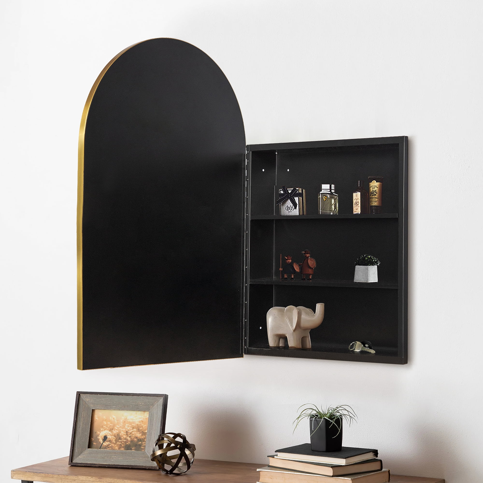 36"x24" Iron Arched Bathroom Mirror Cabinet,Gold