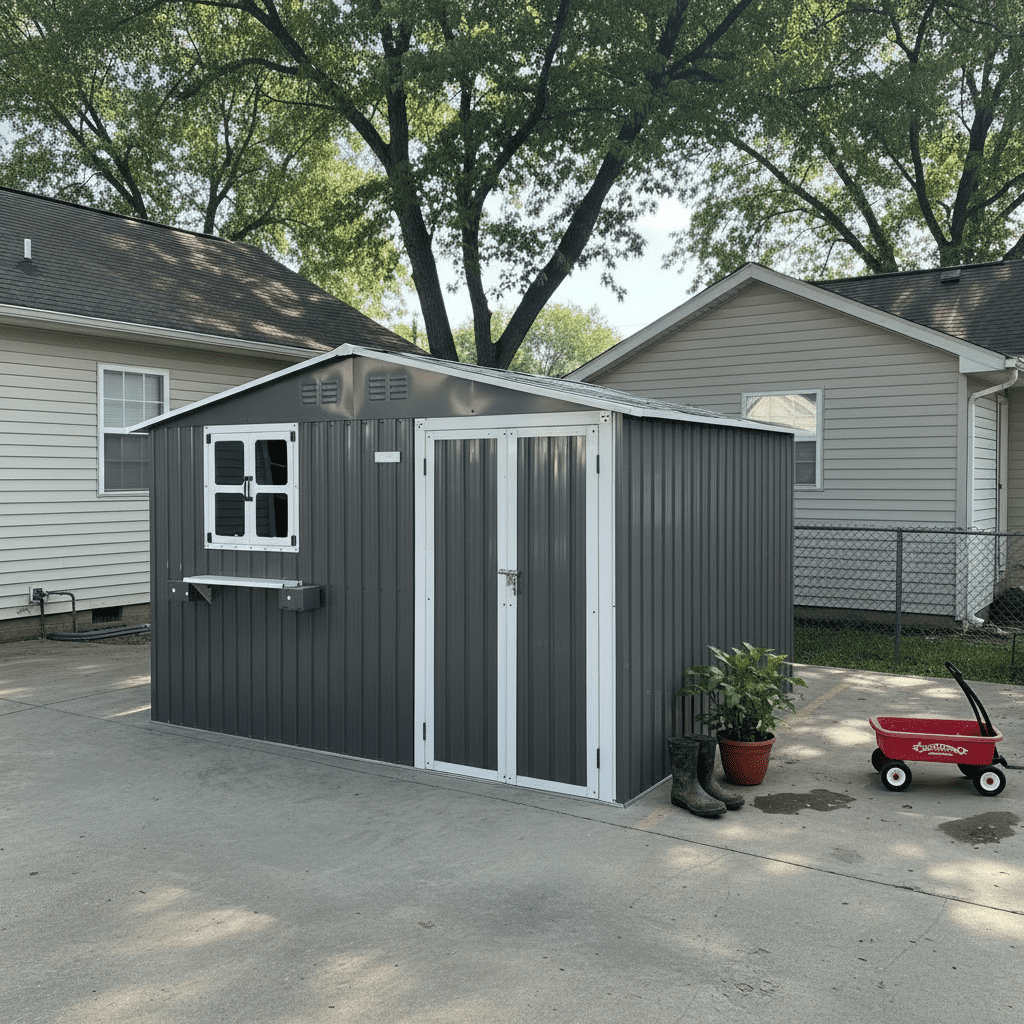 Mintazer 10×8ft Metal Outdoor Storage Shed with Lockable Door & Window, Weatherproof Garden Tool Shed with Flower Baskets, Coal Gray