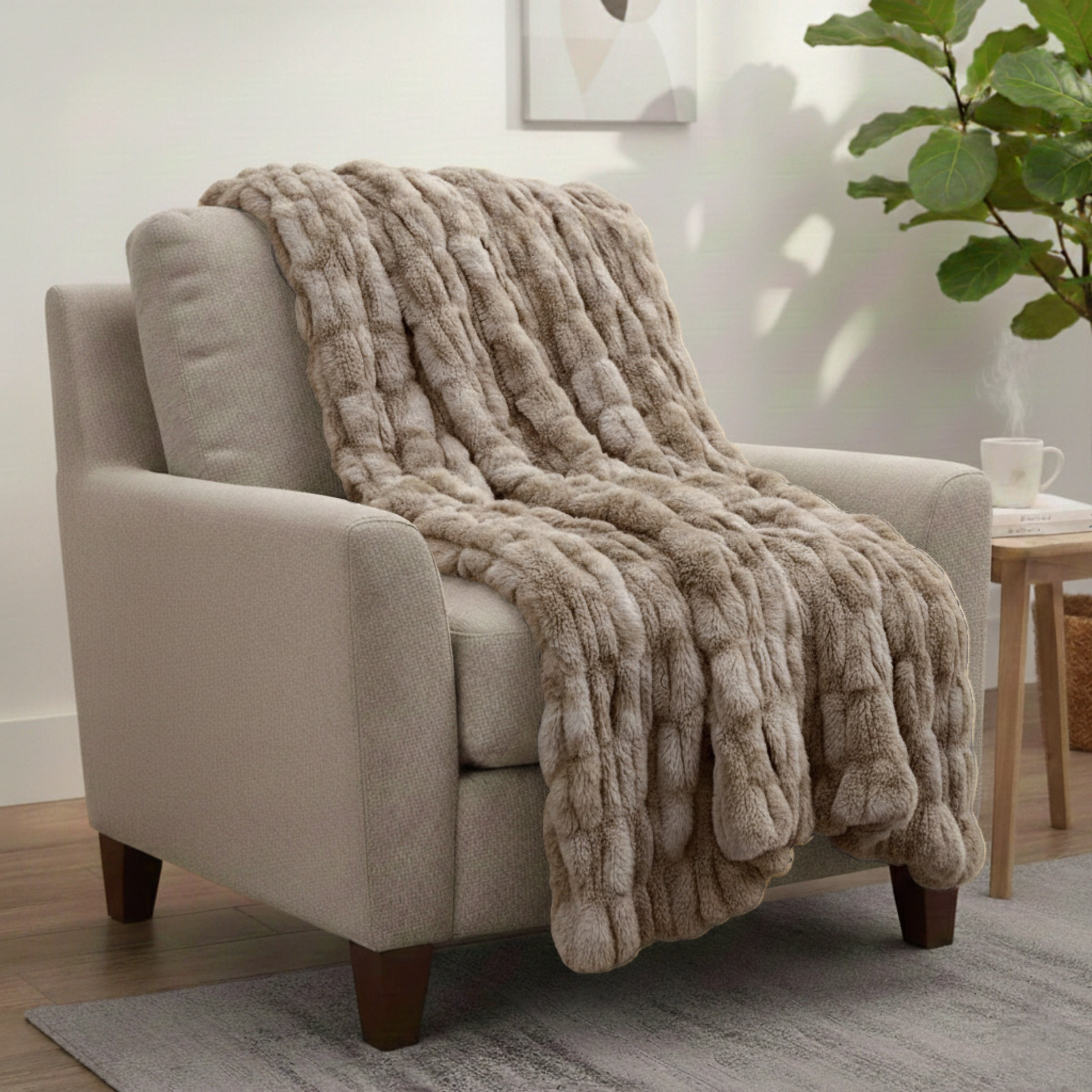 Lavish Home 60x80-Inch Ruched Faux Fur Blanket for Sofas and Beds (Taupe)