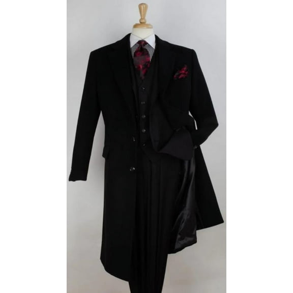 Men's 100% Wool Full Length Length Top Coat - Hidden Button Black Windowpane