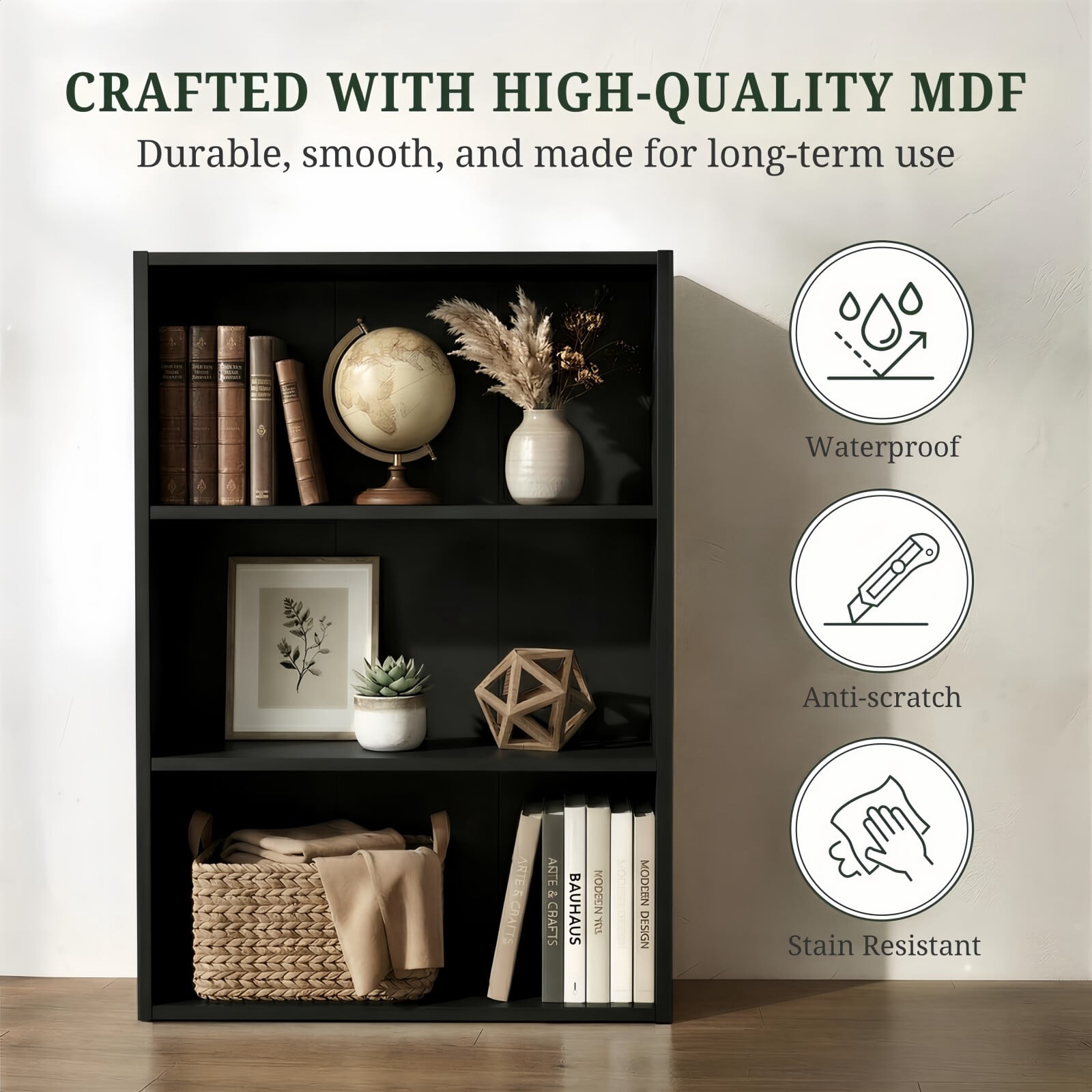 Kelno 3 Tier Vintage Bookshelf 31.5" Freestanding Wood Bookcase with Adjustable Shelf Anti-Tip Kit, Black