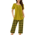 thumbnail image 1 of Timegard Womens Pajamas Sets Lounge Short Sleeve Pleated Top Checkered Capri Pants with Pockets Pjs Outfits, 1 of 7
