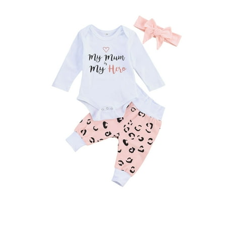 

New 3Pcs Toddler Girls Leopard Romper+ Pants+ Headband Letter Print Spring Costume