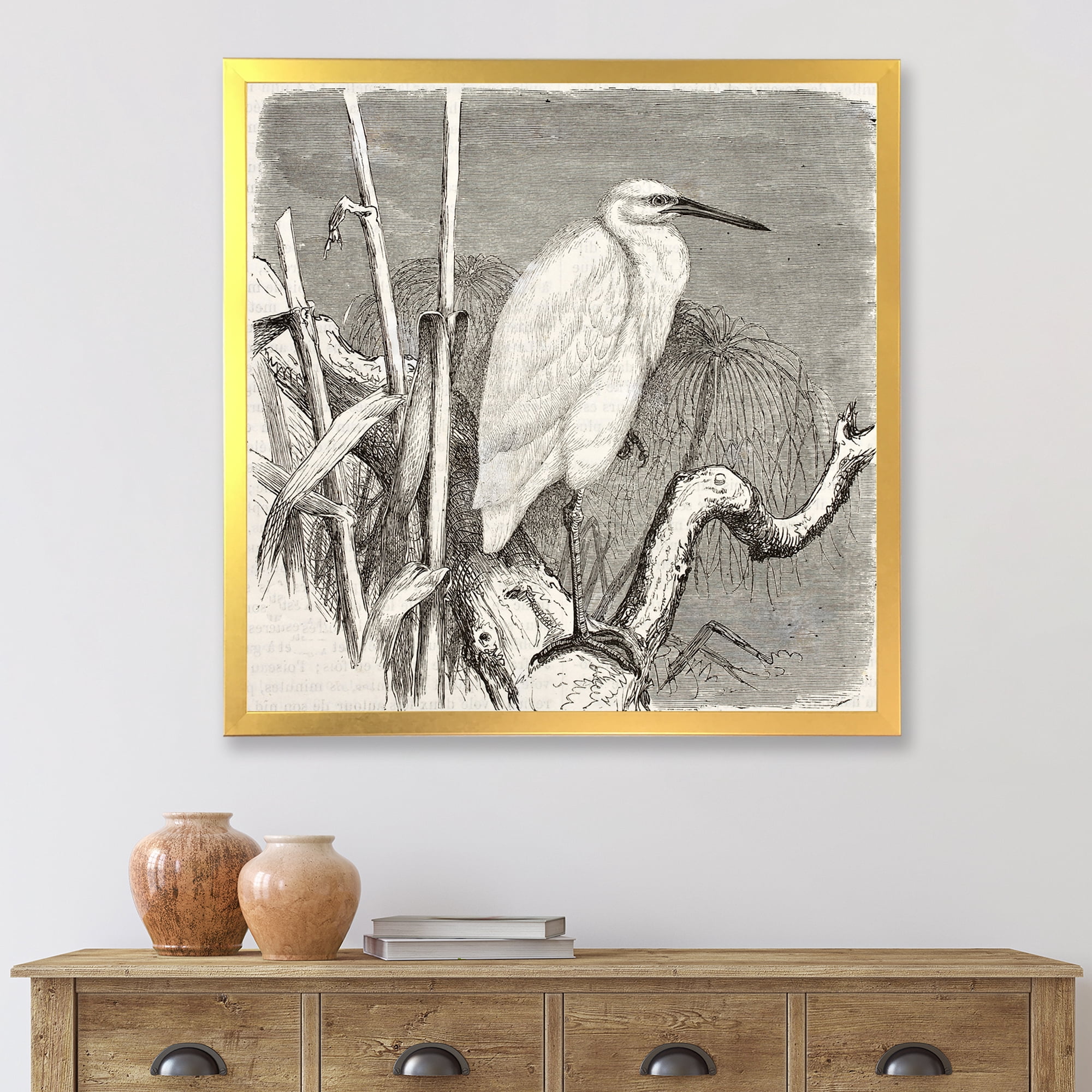 Designart 'Little Egret Bird in Monochrome' Farmhouse Framed Art Print