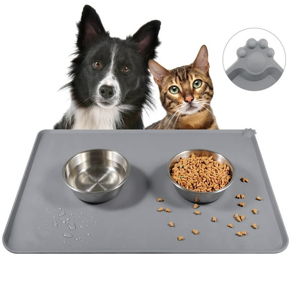 Pet Placemat Mat for Dog and Cat, Silicone Waterproof Pet Feeding Placemat Dog Water Bowl Mat, Non-Slip Food Placemat Tray for Animals Food and Water (18.5” x 11.8”, Gray)