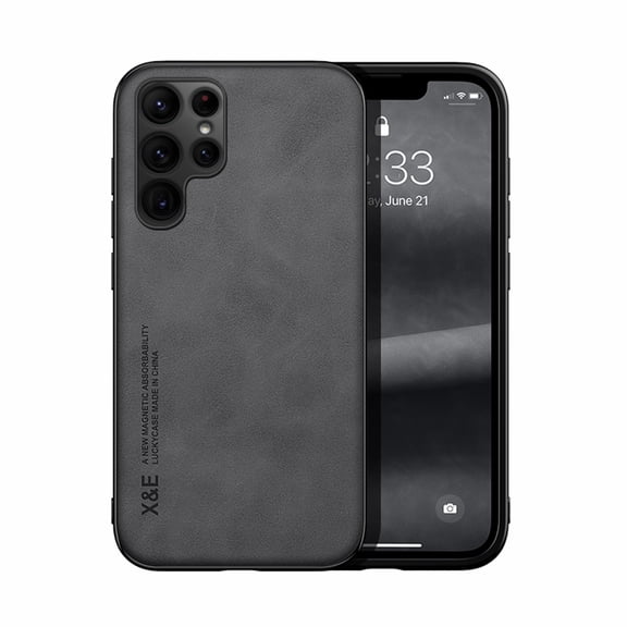 Premium PU Leather   TPU Back Case for Samsung Galaxy S22 Ultra, Luxury Thin Fit Shockproof Drop Protective Skin Friendly Support Magnetic Car Mount Case Cover for Samsung Galaxy S22 Ultra, Darkgray