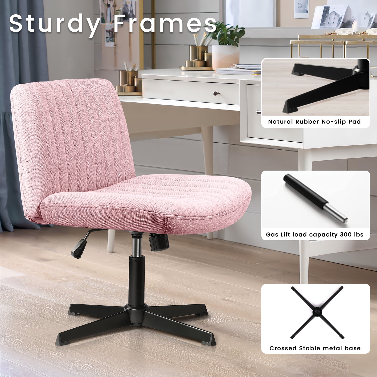 Waleaf Armless Office Desk Chair No Wheels,Fabric Padded Modern Swivel Vanity Chair,Height Adjustable Wide Seat Computer Chair