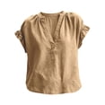 thumbnail image 7 of LEKODE Cotton Linen Tops for Women Lace Top Peasant Blouses Oversized T-shirts Cute Shirts Lightweight Linen Blouses V Neck Roll Up Sleeve Blouses Stylish Tops for Women Khaki M, 7 of 7