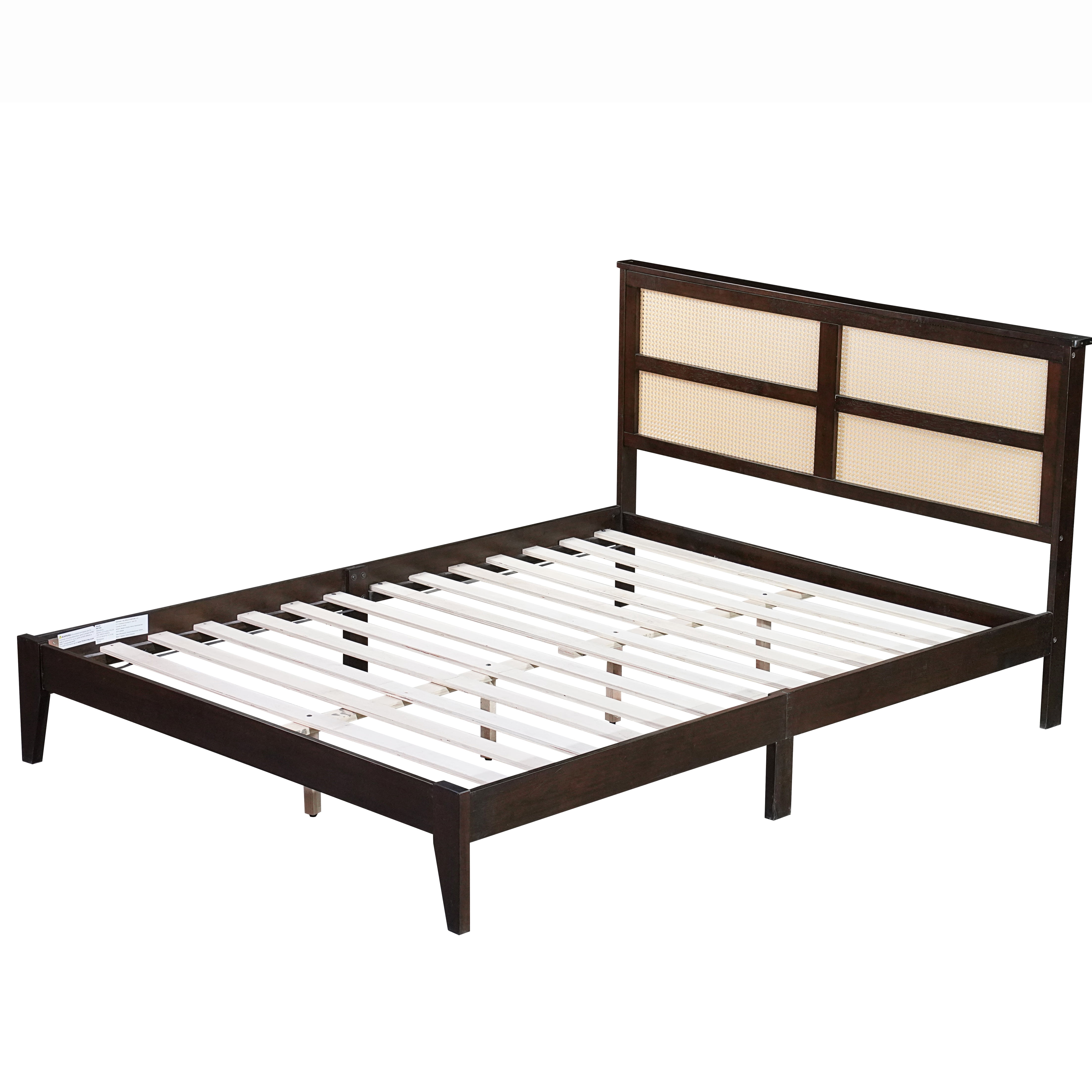 Miniyam Wood Queen Size Bed with with Rattan Headboard for Adult, Espresso